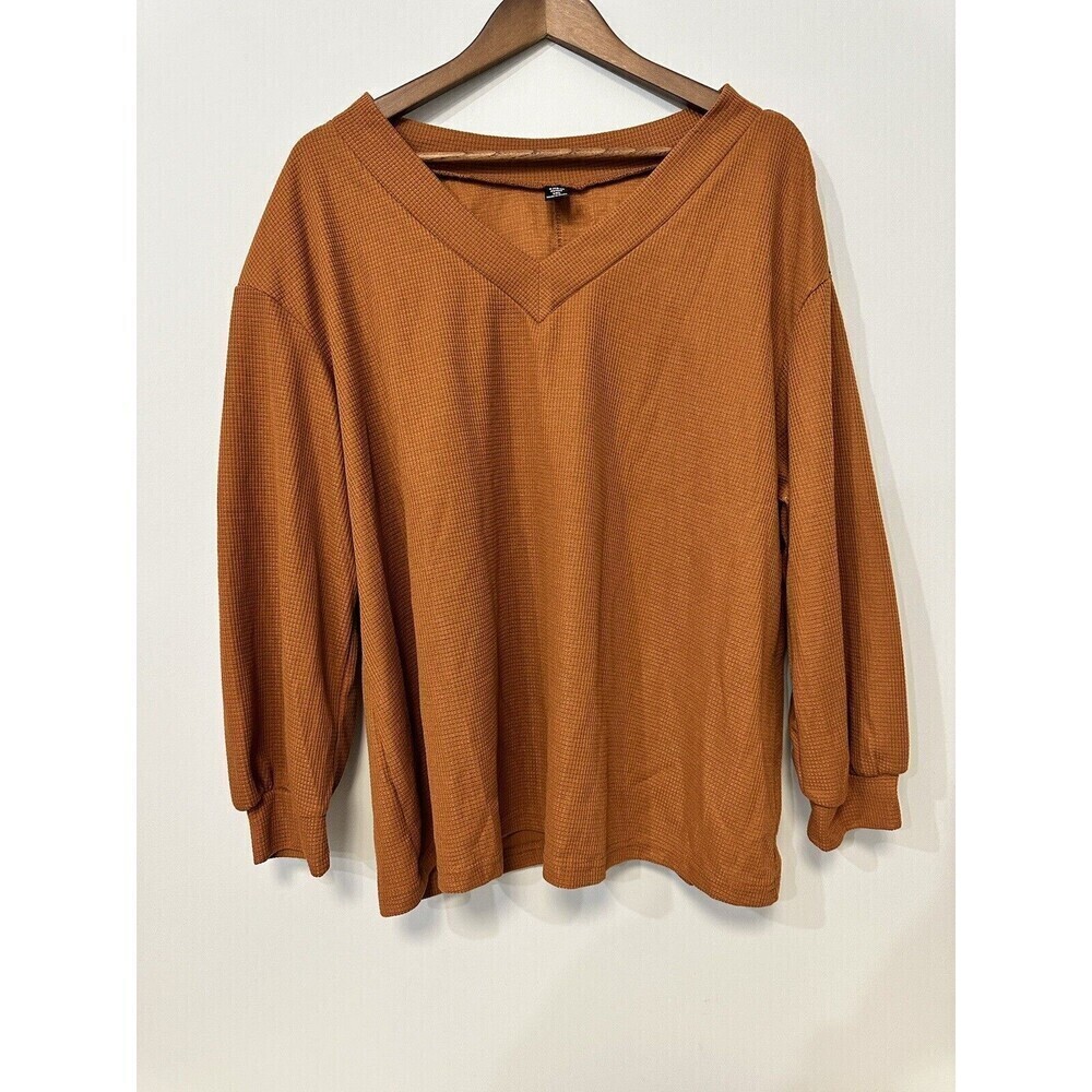 SHEIN Curve 1XL Waffle Knit Butterscotch V-Neck Pullover Fall Color Long Sleeve